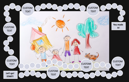 Personalized family board game featuring children's drawing with custom spaces and a start-finish path.
