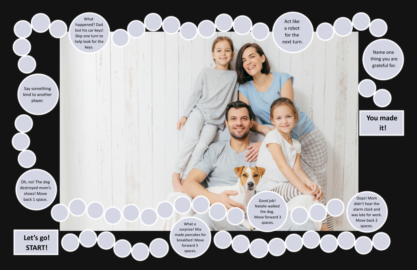 Custom board game with a smiling family and kids, personalized message spaces, and a game path.