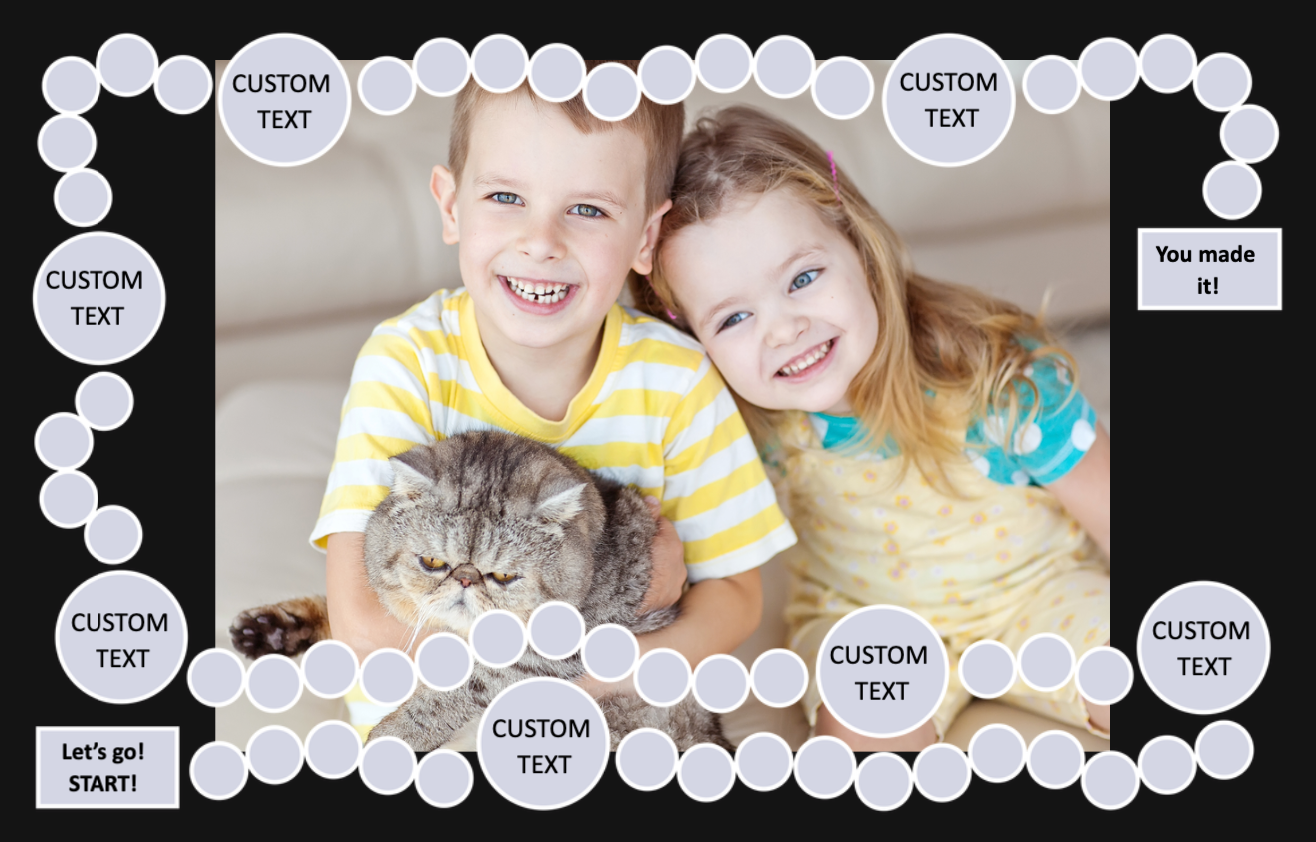 Personalized board game layout with two smiling kids holding a cat, surrounded by custom game spaces.