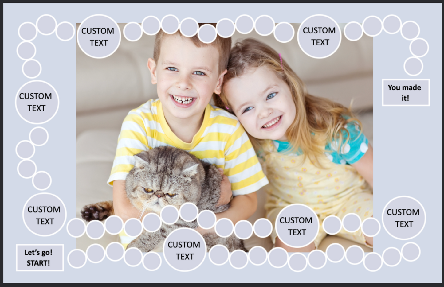 Personalized board game layout with two smiling kids holding a cat, surrounded by custom game spaces.