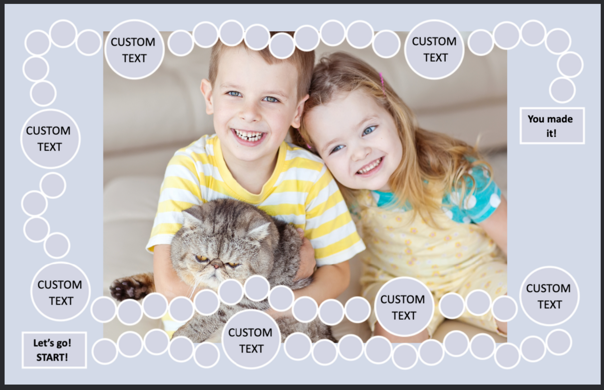 Personalized board game layout with two smiling kids holding a cat, surrounded by custom game spaces.