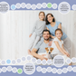 Family photo with a dog on a blue background with text prompts