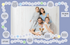 Family photo with a dog on a blue background with text prompts