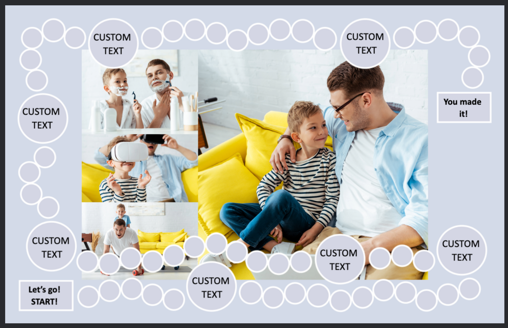 Personalized Father’s Day board game featuring a photo collage of dad and child sharing fun moments together, with custom game spaces.