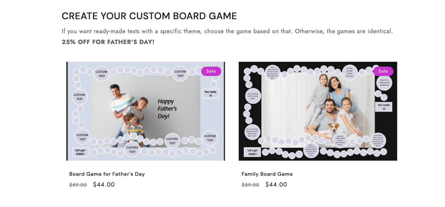 Two custom board game designs on sale for Father’s Day — one themed with a father and children that says "Happy Father’s Day!" and the other with a cozy family and dog, both priced at $44 with customizable text fields.
