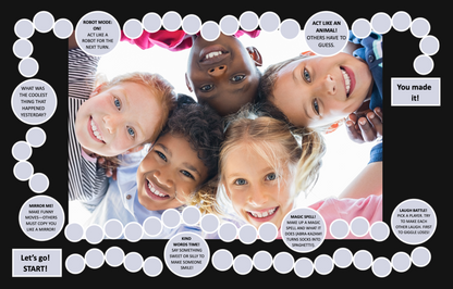 A playful board game featuring diverse smiling children in the center and activity prompts like "Robot Mode", "Laugh Battle", and "Kind Words Time" around the path, encouraging creativity and interaction.