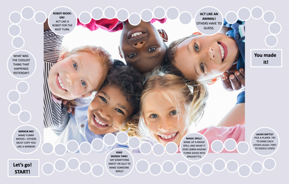 A playful board game featuring diverse smiling children in the center and activity prompts like "Robot Mode", "Laugh Battle", and "Kind Words Time" around the path, encouraging creativity and interaction.